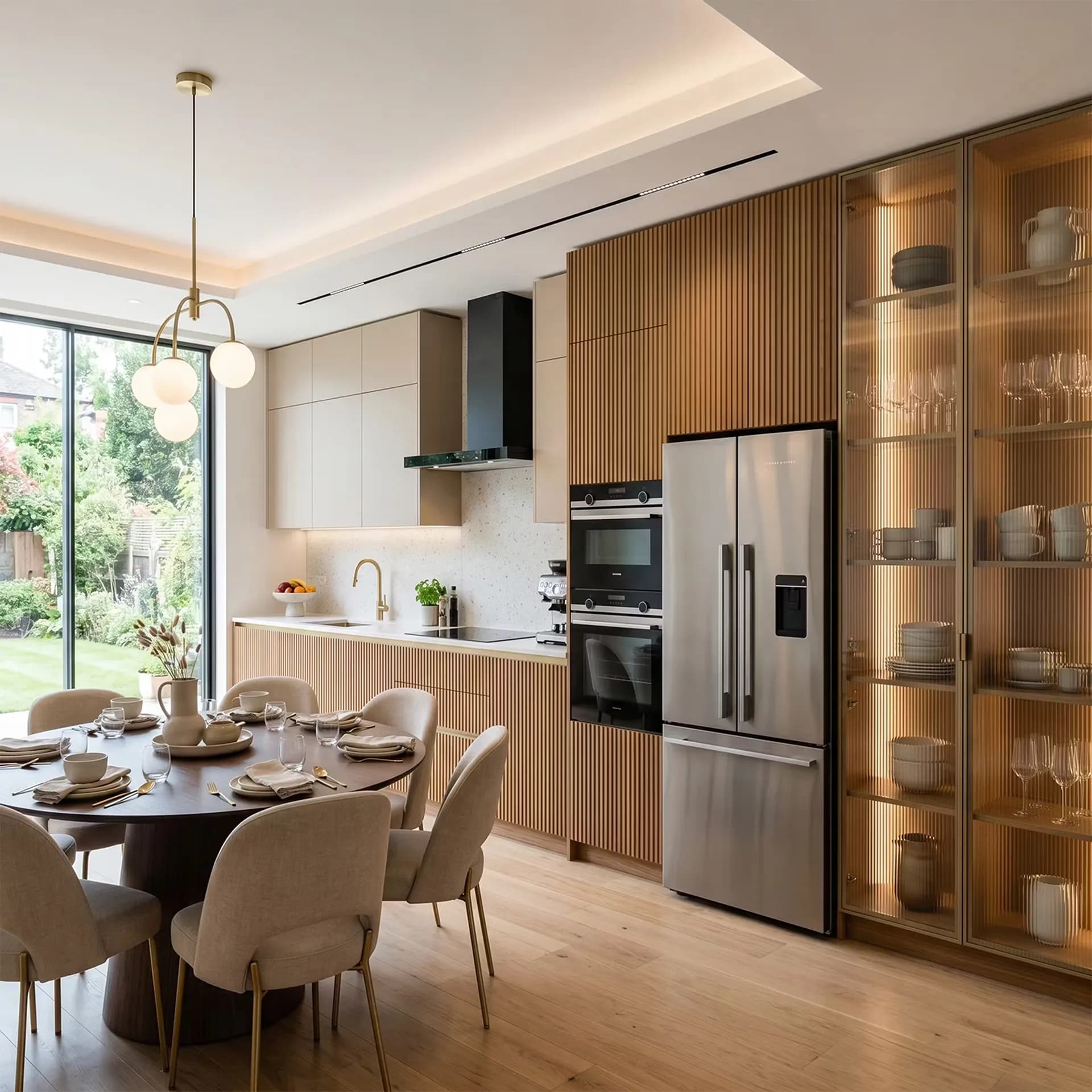 A modern luxury kitchen showcasing dark charcoal oak cabinets with elegant gold bar pulls, integrated under-cabinet lighting, a white marble countertop and backsplash, and a brushed brass faucet.