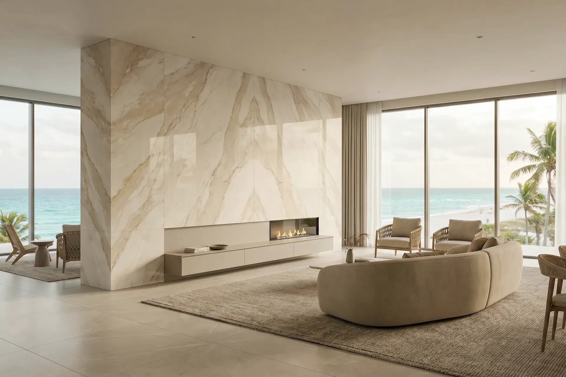 A modern beachfront living room featuring a massive book-matched marble-look porcelain slab accent wall with an integrated linear fireplace, open to an expansive ocean view through floor-to-ceiling glass doors.