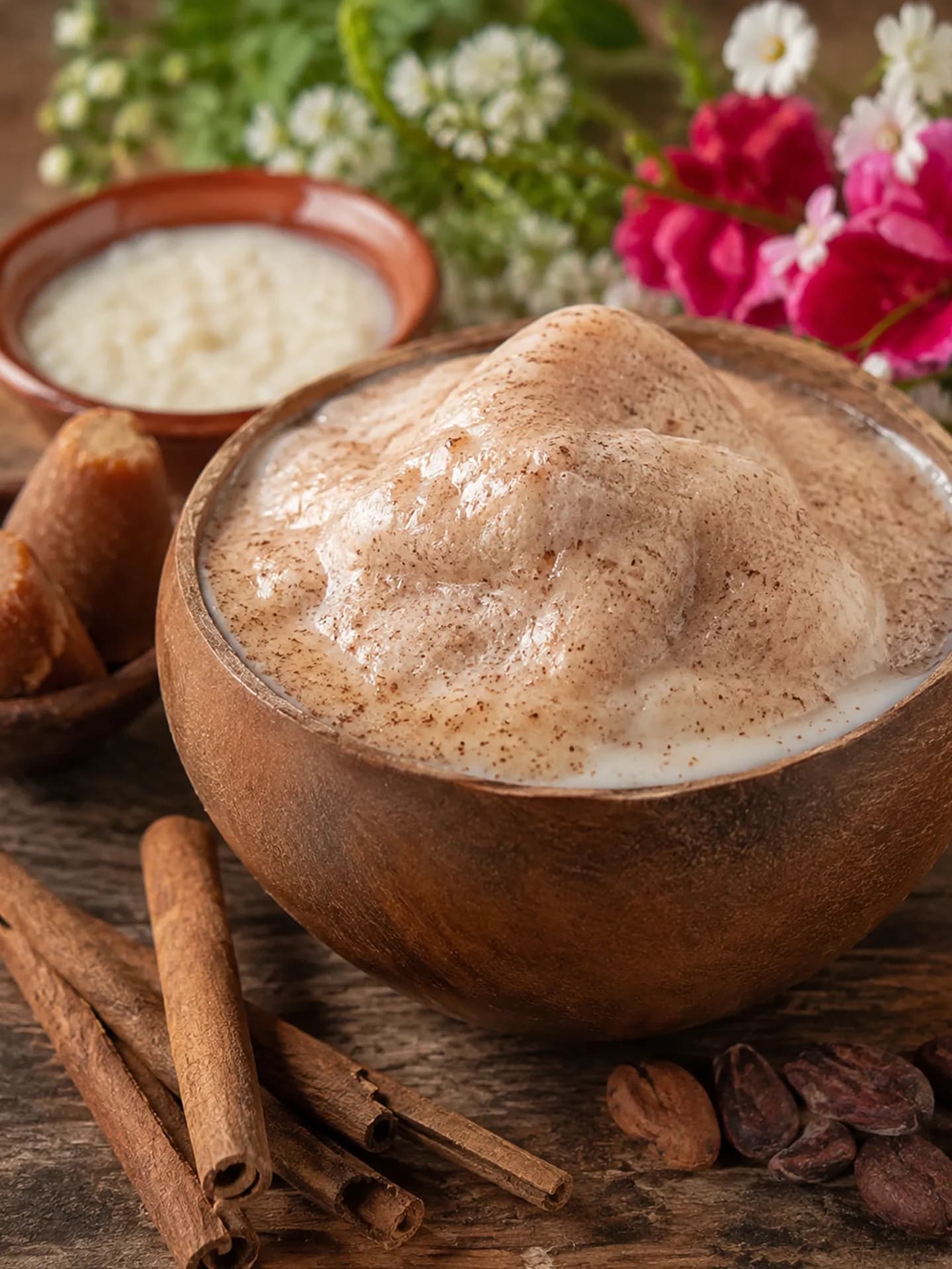 A traditional wooden bowl filled with warm white-maize <span class="italic">atole</span> and crowned with thick, spiced cacao and flower foam, framed by cinnamon sticks, <span class="italic">piloncillo</span>, cacao beans, and vibrant pink and white blossoms.