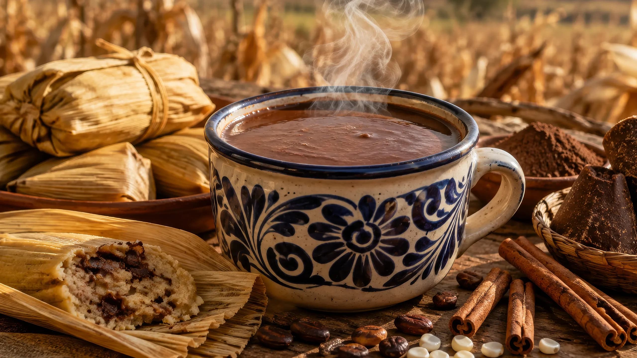 A steaming hand-painted ceramic mug filled with dense, rich <span class="italic">champurrado</span> next to corn husk-wrapped <span class="italic">tamales</span>, cinnamon sticks, <span class="italic">piloncillo</span> cones, and cacao beans on a rustic wooden table.