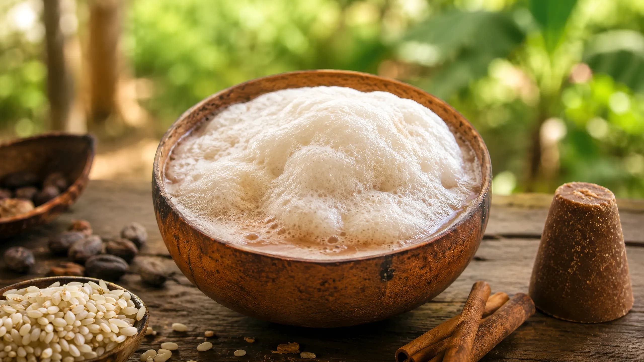 A carved traditional <span class="italic">jícara</span> bowl filled with cold <span class="italic">popo</span> drink topped with a tall cap of white foam, surrounded by raw rice grains, cinnamon sticks, <span class="italic">piloncillo</span> cones, and cacao beans on a wooden table.