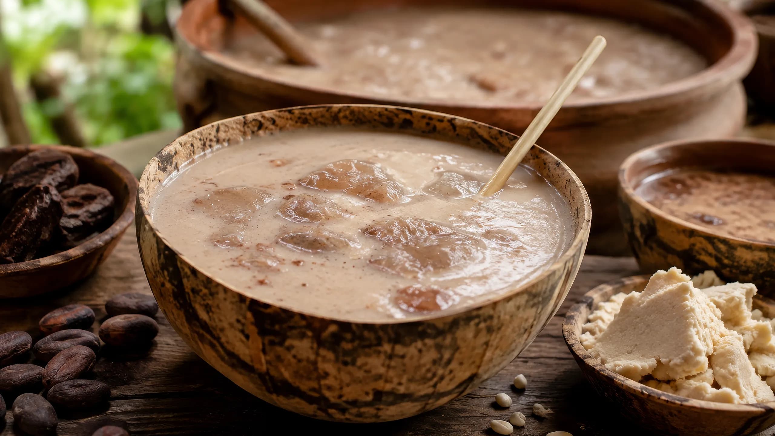 A carved traditional <span class="italic">jícara</span> bowl filled with cold <span class="italic">pozol</span> con cacao and ice, with a wooden stirring stick inside, surrounded by cacao beans, fresh nixtamalized corn dough (<span class="italic">masa</span>), and clay vessels on a wooden surface.
