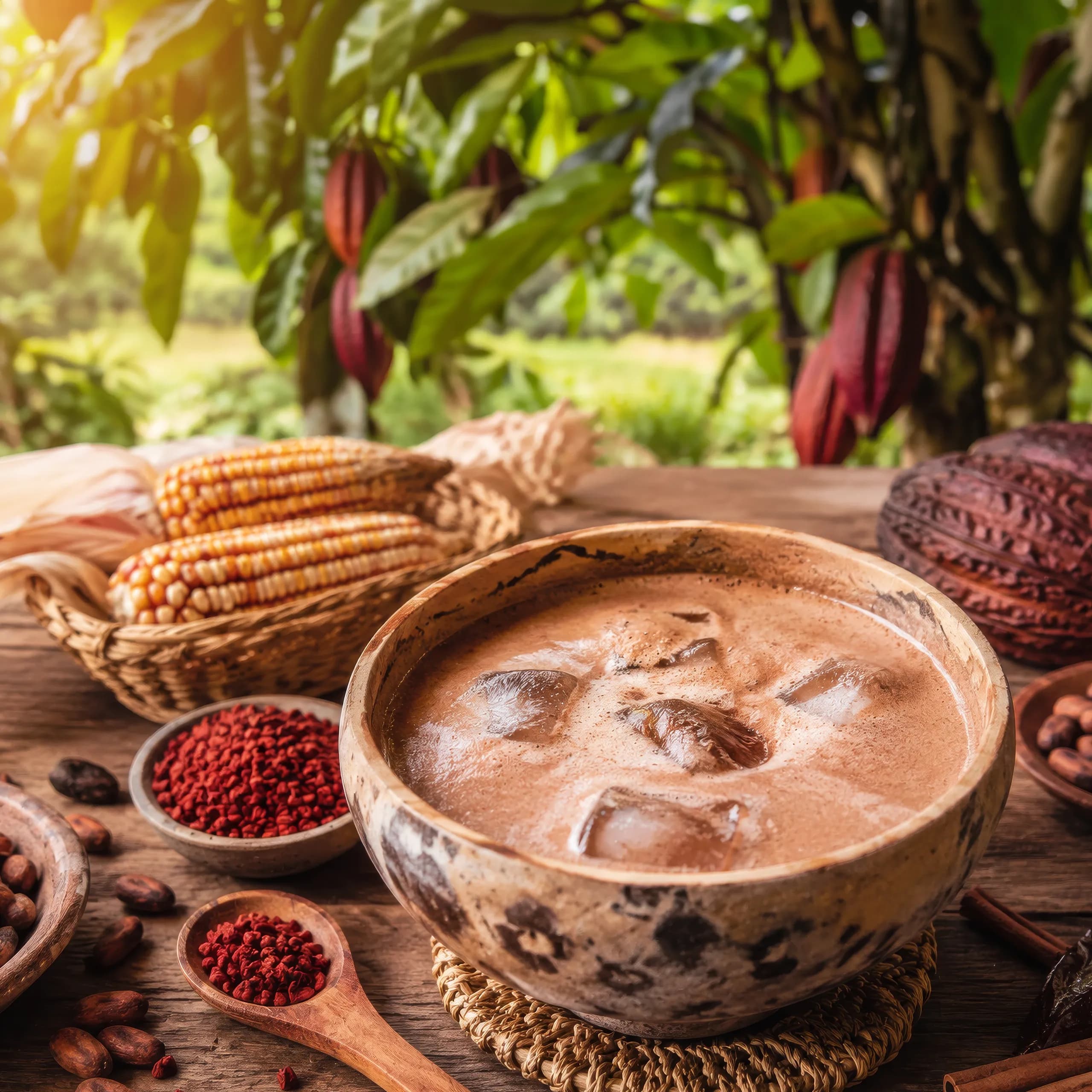 A carved traditional gourd bowl filled with cold frothy tascalate and ice cubes resting on a woven coaster, surrounded by achiote seeds, dried corn cobs, cacao beans, and cacao pods in a sunny plantation.