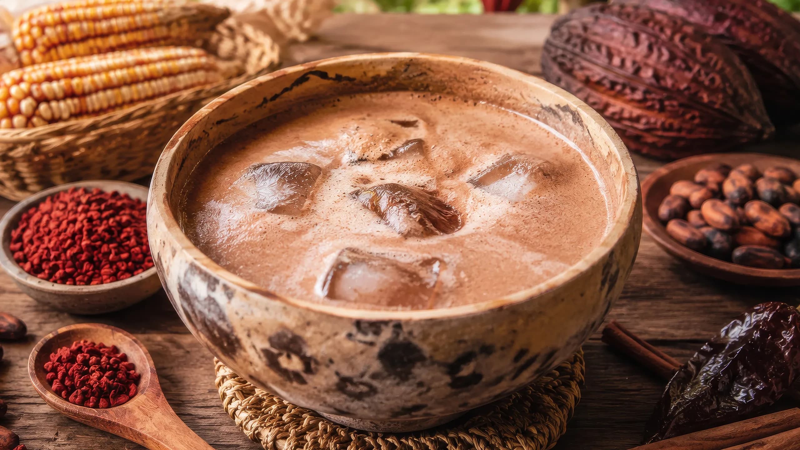 A carved <span class="italic">jícara</span> bowl containing a frothy, cold reddish-brown <span class="italic">tascalate</span> drink with ice cubes, surrounded by bright red <span class="italic">achiote</span> seeds, dried corn cobs, cacao beans, and cinnamon sticks on a wooden table.