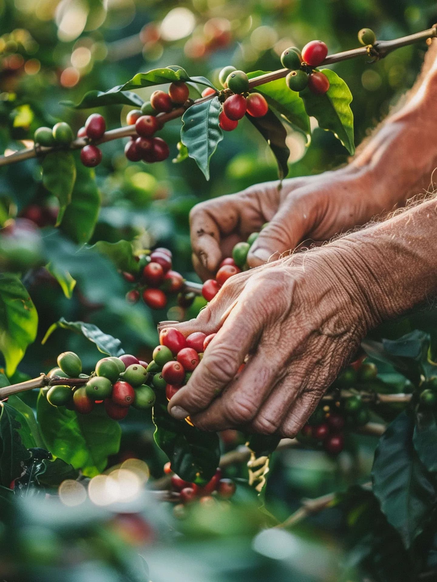Acercamiento a manos trabajadas seleccionando con cuidado cerezas de café rojas y maduras de una rama, dejando los frutos verdes intactos.