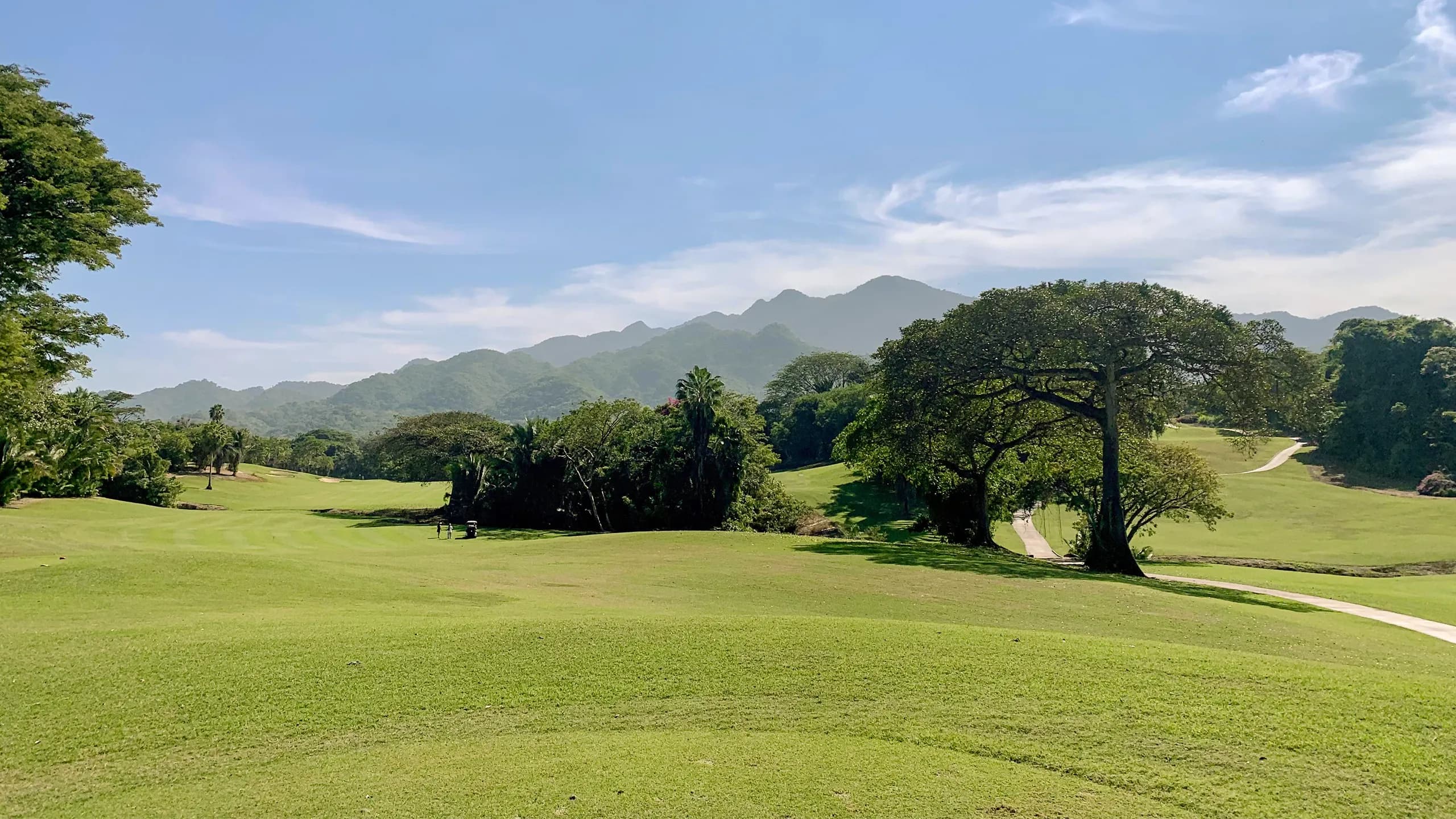 Un fairway amplio rodeado de árboles tropicales y terreno ondulado en Vista Vallarta Club de Golf, con la Sierra Madre al fondo.