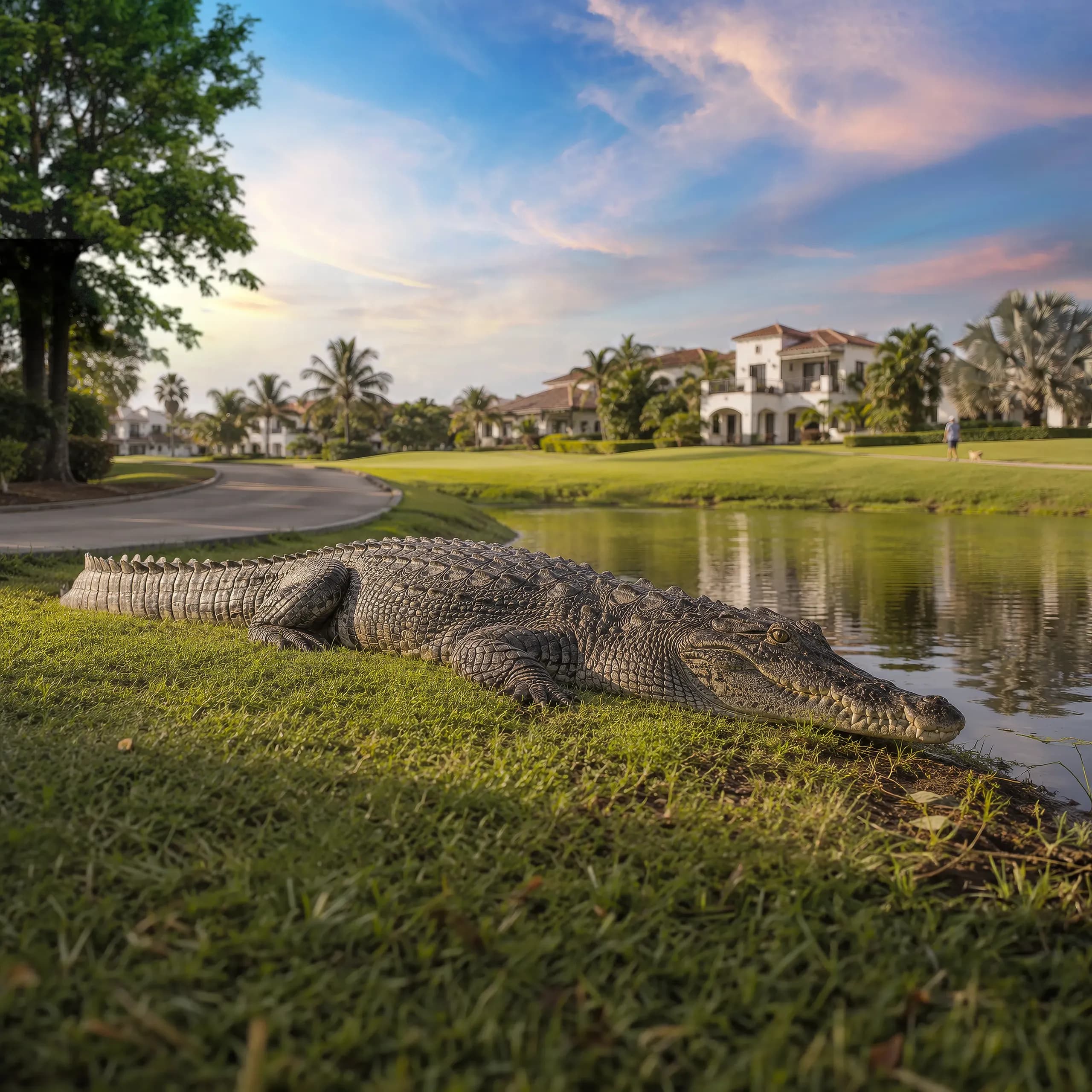 A large adult crocodile resting calmly on the green grass bank of a residential golf course pond under a picturesque sunset sky.